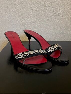 Cesare Paciotti Black and Red Jeweled Slide Mules